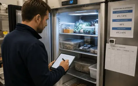 Un employé vérifie les températures dans un réfrigérateur de restaurant, essentiel pour la fermeture de la terrasse.