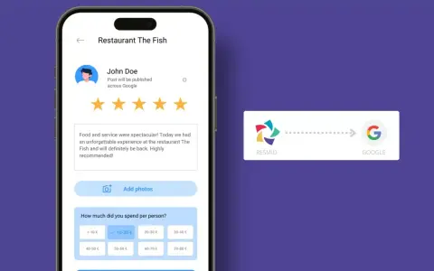 Interface mobile pour laisser un avis sur un restaurant, avec la possibilité de retrouver ses avis Google.