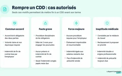 Image illustrant les cas autorisés pour rompre un CDD : commun accord, faute grave, force majeure, inaptitude médicale. Le commun accord nécessite un écrit et une volonté claire.