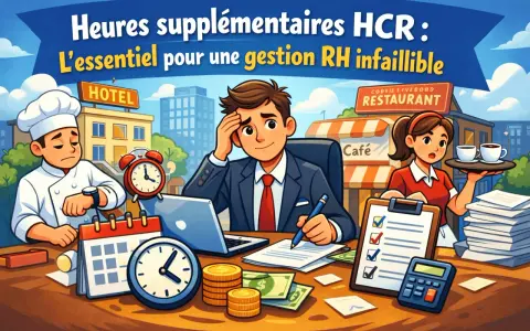 Un chef, un homme d'affaires et une serveuse gèrent des heures supplémentaires HCR. L'image illustre la gestion RH et les finances.