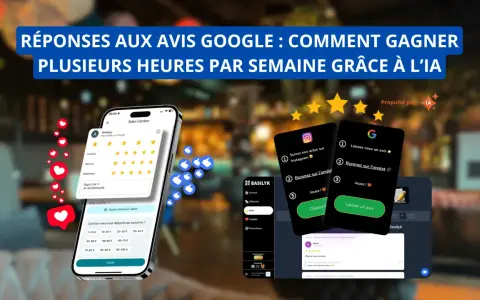 Des téléphones affichant des avis Google et des applications pour gérer les retours clients. L'IA peut aider à gagner du temps sur les réponses aux avis Google.