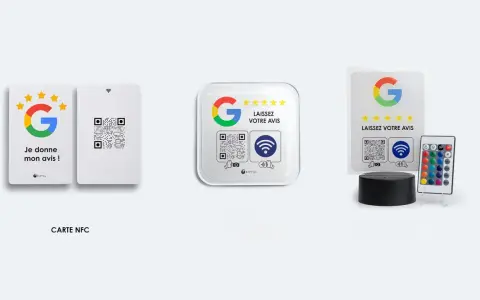 Cartes et autocollants pour faciliter le calcul de votre avis Google. Un QR code et un logo Google invitent à laisser un avis.
