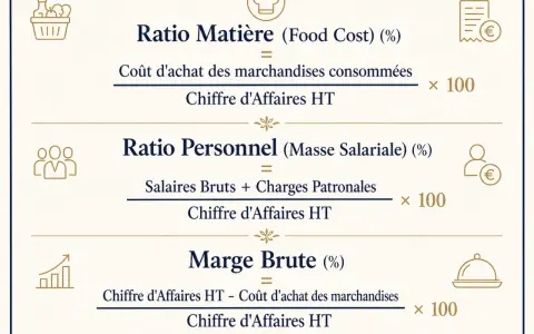 Formules de ratios de restaurant : coût matière, personnel et marge brute.