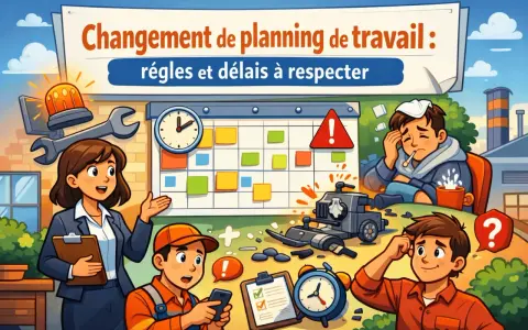 Une équipe discute du changement horaire de travail. Un calendrier, des outils et des employés pensifs illustrent les règles et délais à respecter.