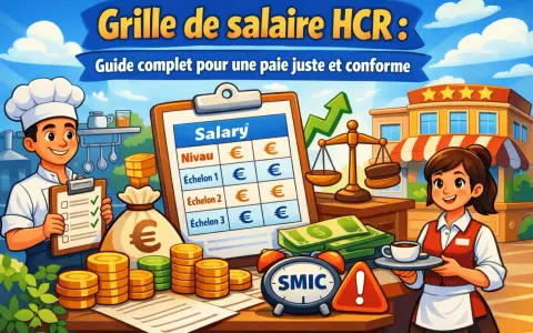 Un chef et une serveuse présentent une grille de salaire HCR, avec des pièces, des billets et une balance symbolisant une paie juste.