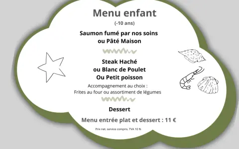 Menu enfant : saumon fumé, pâté maison, steak haché, blanc de poulet ou petit poisson avec frites ou légumes. Dessert inclus. 11 €.