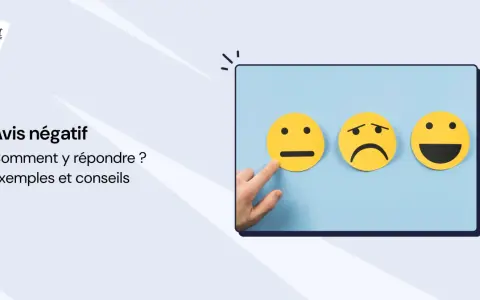 Un doigt pointe un smiley neutre à côté d'un triste et d'un joyeux. Le texte "Avis négatif" suggère comment gérer les retours clients.