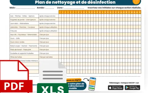Tableau de suivi pour un plan de nettoyage et désinfection, un exemple HACCP. Il liste les tâches et leur fréquence.