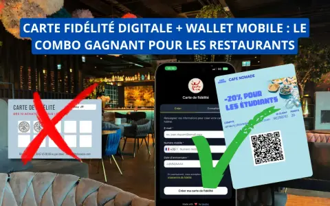 Une carte de fidélité numérique pour étudiants offre -20% au restaurant. Une ancienne carte physique est barrée.