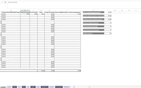 Tableau Excel pour suivre les heures de travail, les congés et les absences. Un outil essentiel pour gérer son temps.