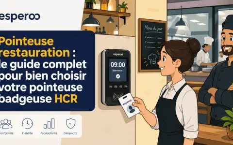 Une employée utilise une pointeuse pour le badgeage en entreprise dans un restaurant. Le guide "Pointeur restauration" est mis en avant.
