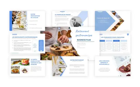 Présentation d'un business plan pour un restaurant gastronomique, axé sur la proposition de valeur, l'étude de marché et les tendances de l'industrie.