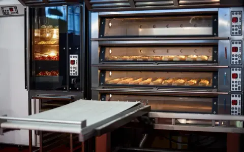 Four à convection professionnel avec plusieurs étages de cuisson. Des pains dorés et des croissants attendent d'être dégustés.