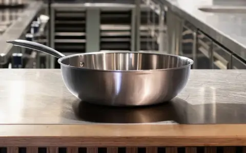 Poêle en inox sur un plan de travail. Est-ce que l'inox va au four ? Oui, la plupart des ustensiles en inox sont adaptés au four.