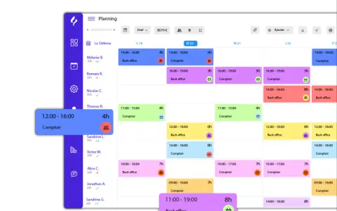 Interface d'un logiciel création planning, affichant un calendrier avec des créneaux horaires et des noms d'employés.