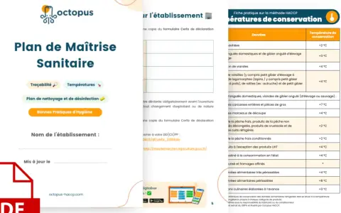 Plan de Maîtrise Sanitaire d'un restaurant, avec des sections sur la traçabilité et les températures de conservation selon la méthode HACCP.