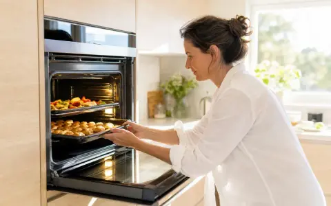 Une femme met des plats dans un four. Elle découvre la différence entre chaleur tournante et convection en cuisinant.