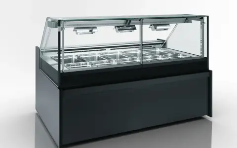 Vitrine réfrigérée avec plusieurs bacs en inox, idéale pour maintenir la température bain marie des aliments.