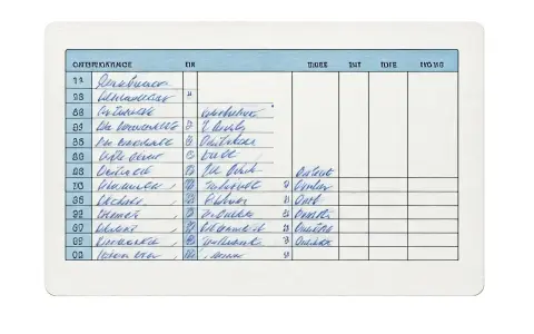 Feuille de pointage manuscrite avec des noms et des chiffres.