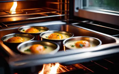Cinq ramequins d'œufs pochés dans un bain-marie au four, une méthode pour comment faire cuire au bain marie.