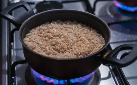 Un pot de riz brun est chauffé doucement sur une cuisinière à gaz, les flammes bleues dansant sous le récipient, pour réchauffer du riz au bain-marie.