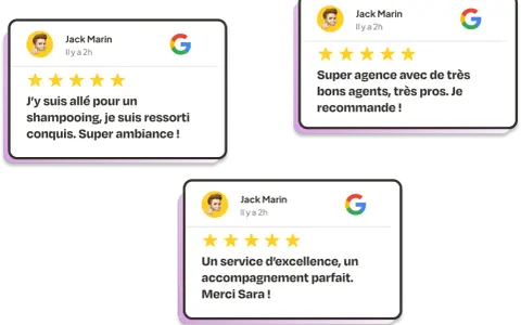Trois avis Google de Jack Marin : shampooing réussi, super ambiance, agence avec agents pros, service d'excellence. Exemple réponse client satisfait.