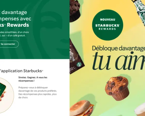 Exemple de programme de fidélité Starbucks Rewards : savourez plus de récompenses, commandes simplifiées, café gratuit.