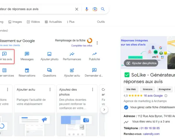Interface Google pour gérer un établissement. Une flèche rouge pointe vers "Voir les avis", une option pour gérer les retours clients et potentiellement supprimer avis Google.