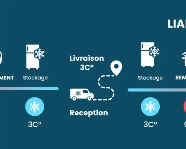Schéma de la liaison froide : cuisson (63°C), refroidissement (10°C), stockage (3°C), livraison (3°C), réception (3°C), remise en température (63°C) et service (63°C). Suivi température chambre froide essentiel.