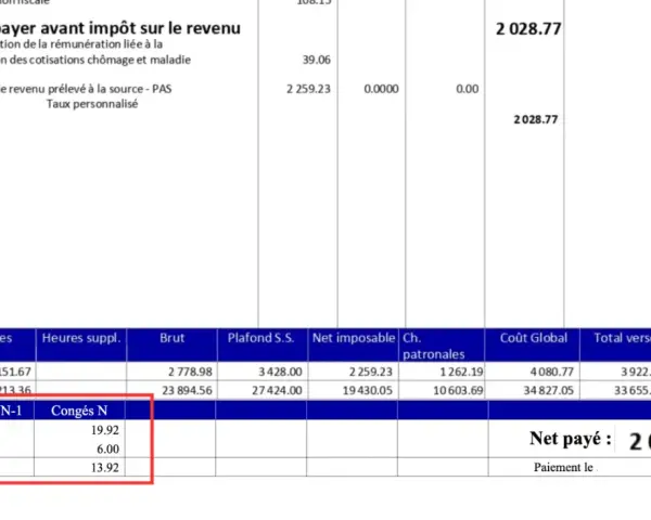 Extrait de bulletin de paie montrant le net à payer de 2028.77. Les colonnes indiquent le nombre d'heures, le brut, et le net imposable pour le mois et l'année. Le nombre d'heures travaillées par mois est de 151.67.