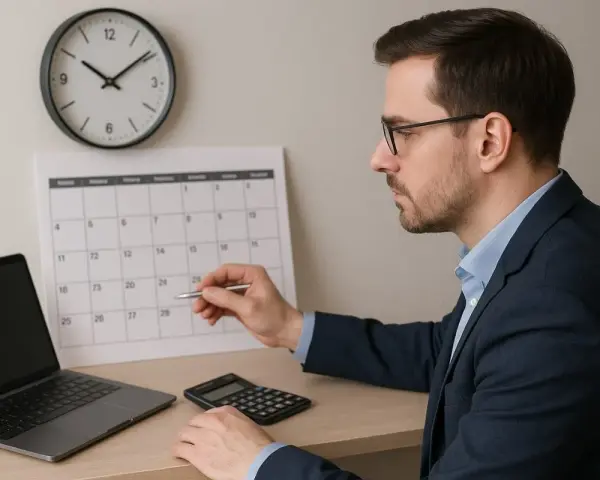 Un homme calcule le temps de travail : 35 heures par semaine, combien par mois ? Il est devant un calendrier, un ordinateur et une calculatrice.