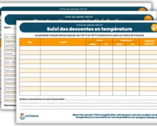 Fiche de suivi des descentes en température pour le protocole HACCP. Elle enregistre les données de refroidissement des produits.