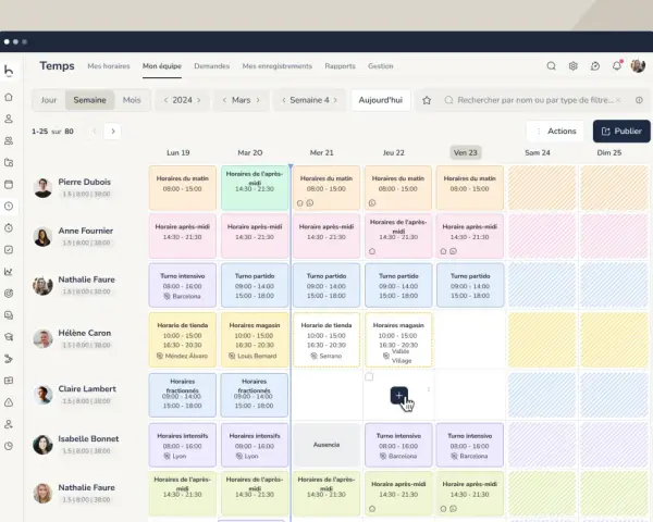 Tableau affichant un exemple d'horaire de travail hebdomadaire pour plusieurs employés, avec des créneaux matinaux, après-midi et intensifs.