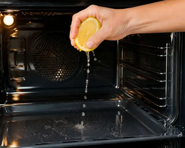 Une main presse un citron pour degraisser un four tres sale. Le jus coule sur la plaque.