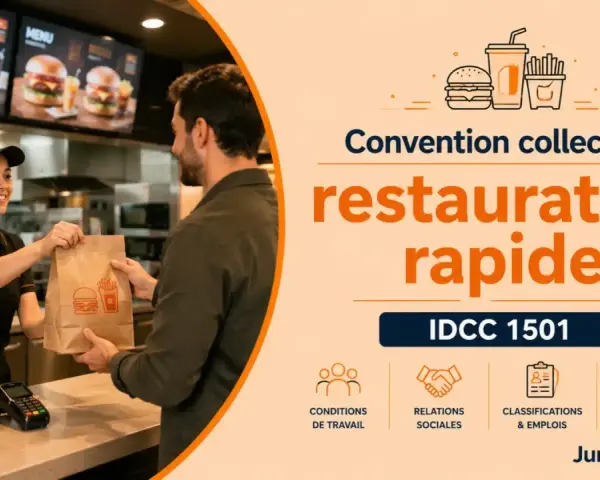 Employée souriante remettant un sac de restauration rapide à un client. La convention collective IDCC 1501 régit ce secteur.
