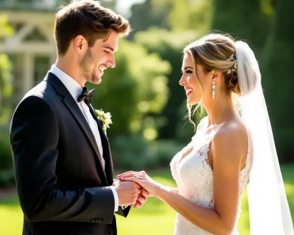 Un jeune couple heureux, marié, se tenant la main. Le marié porte un costume noir, la mariée une robe blanche et un voile. Un beau jour de congé pour mariage.