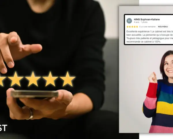 Un avis positif sur un restaurant, avec des étoiles brillantes et une cliente ravie.