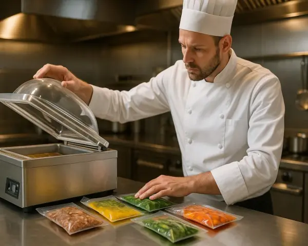 Un chef prépare des aliments pour les mettre sous vide. Des sachets colorés de nourriture sont alignés sur le comptoir.