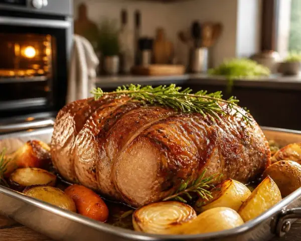 Un rôti doré et juteux, garni de romarin, cuit à la perfection. Autour, des pommes de terre et carottes rôties. Le four gaz est prêt pour le prochain plat.
