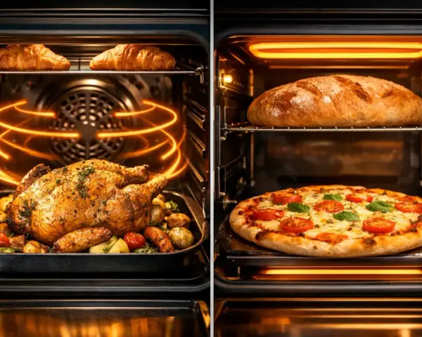Un poulet rôti et des croissants cuisent dans un four, tandis qu'une pizza et du pain sont dans un autre. La chaleur statique d'un four assure une cuisson uniforme.
