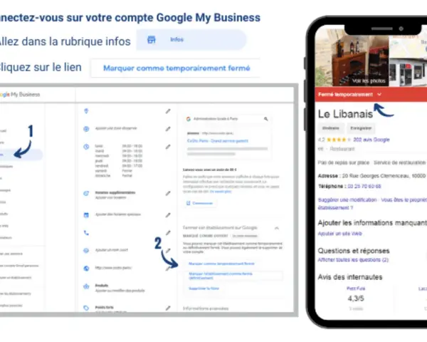 Modèle annonce fermeture pour vacances : instructions pour marquer temporairement un établissement comme fermé sur Google My Business.