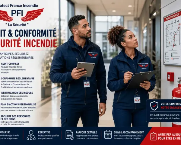 Deux experts vérifient la conformité des normes sécurité incendie dans un restaurant. Un plan d'évacuation est affiché.