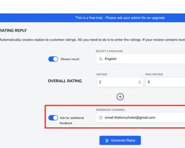 Interface pour générer des réponses automatiques aux avis Google. Permet de définir la langue, la note et le canal de feedback.