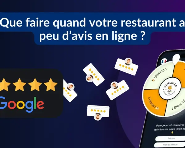 Des étoiles Google et des avis clients flottent autour d'un téléphone affichant une roue de loterie. Encouragez vos clients à laisser un avis Google pour gagner des prix.