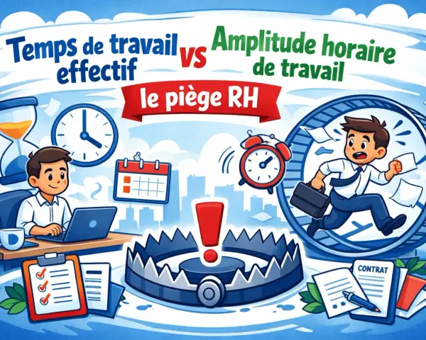 Un employé court dans une roue, symbolisant l'amplitude horaire maximale. Un piège à loup et une horloge rappellent les dangers du travail excessif.
