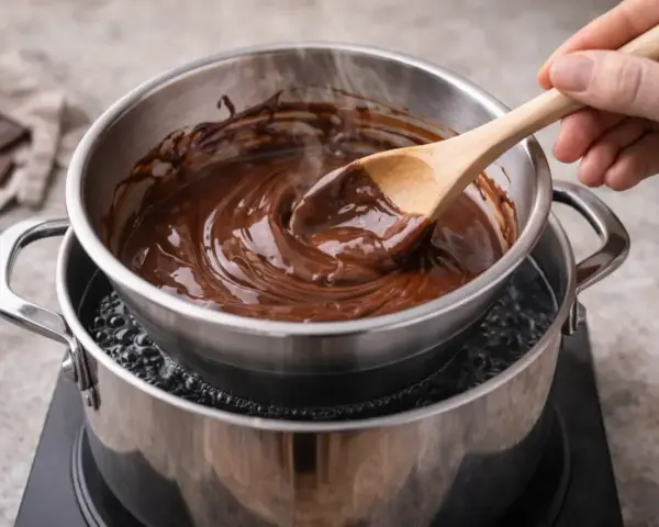 Du chocolat fondant est mélangé avec une cuillère en bois, posé sur une casserole d'eau bouillante pour faire chauffer au bain marie.