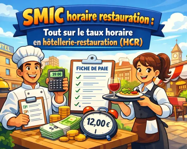 Un chef et une serveuse souriants présentent des calculs de salaire, de l'argent et une fiche de paie, illustrant le taux horaire en restauration.