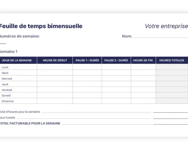 Modèle feuille de présence à imprimer pour suivre les heures travaillées, les pauses et le total facturable par semaine.