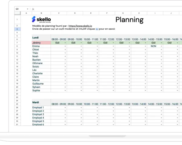 Planning de travail affichant les disponibilités des employés pour la semaine. Le planning est organisé par jour et par créneau horaire.