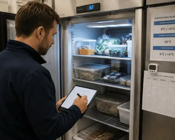 Un employé vérifie les températures dans un réfrigérateur de restaurant, essentiel pour la fermeture de la terrasse.